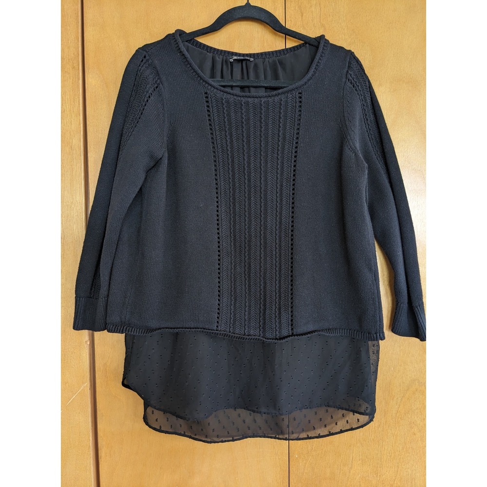 Lucky Brand Womens Black Layered Clip Dot Chiffon Hem Knit Sweater Large